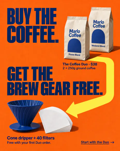 Example: Buy this, get this ad for Marlo Coffee, a fictional brand