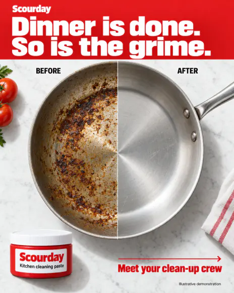 Example: Transformation ad for Scourday, a fictional brand