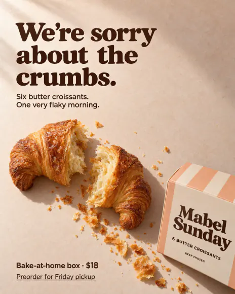 Example: We're sorry ad for Mabel Sunday, a fictional brand